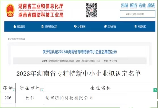 喜訊|紐帕科技獲評(píng)湖南省專精特新中小企業(yè)！